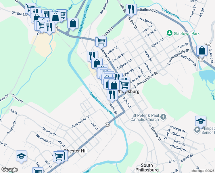 map of restaurants, bars, coffee shops, grocery stores, and more near 212 North Front Street in Philipsburg