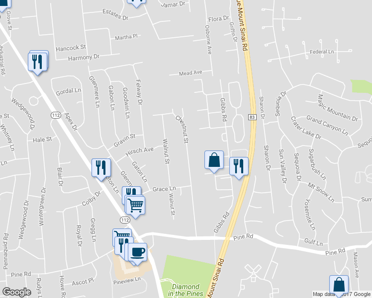 map of restaurants, bars, coffee shops, grocery stores, and more near 22A Chestnut Street in Coram