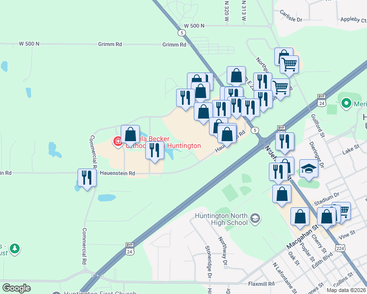 map of restaurants, bars, coffee shops, grocery stores, and more near 250 Hauenstein Road in Huntington