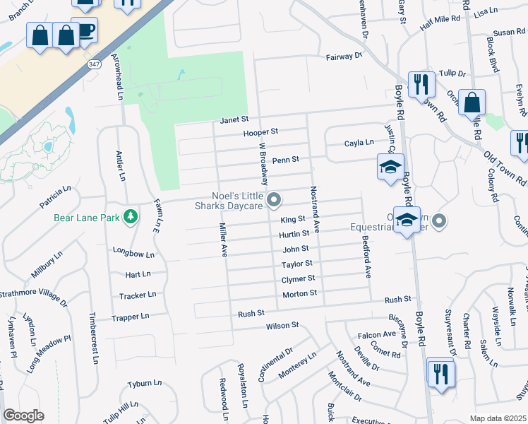 map of restaurants, bars, coffee shops, grocery stores, and more near 76 West Broadway in Port Jefferson Station