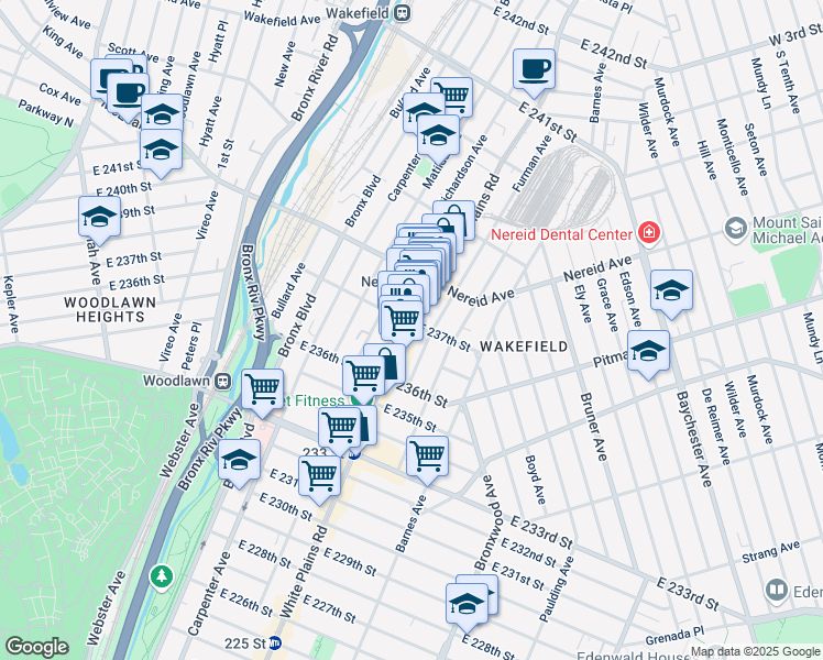 map of restaurants, bars, coffee shops, grocery stores, and more near 4354 White Plains Road in The Bronx