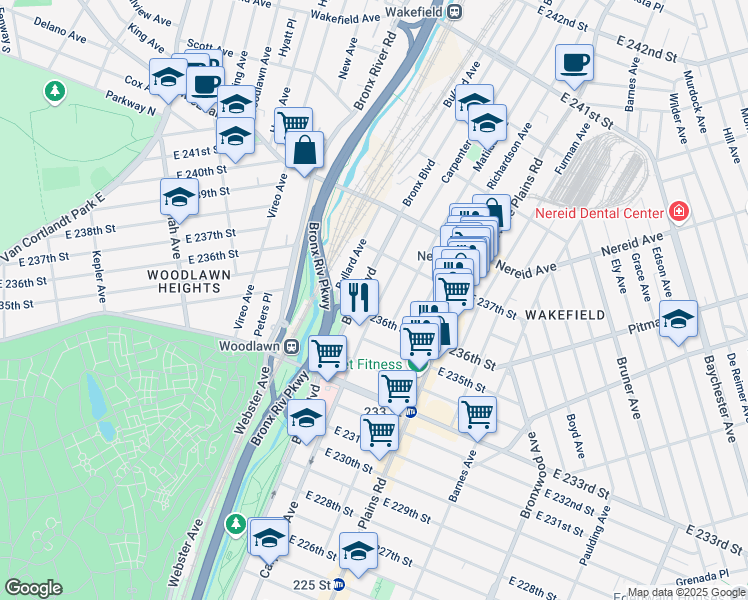 map of restaurants, bars, coffee shops, grocery stores, and more near 4335 Carpenter Avenue in The Bronx