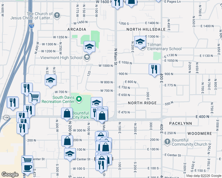 map of restaurants, bars, coffee shops, grocery stores, and more near 16 West 700 North in Bountiful