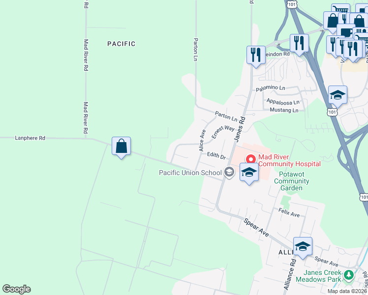 map of restaurants, bars, coffee shops, grocery stores, and more near 2025 Ernest Way in Arcata