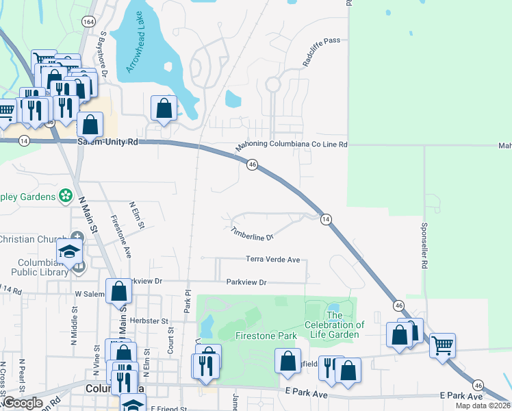 map of restaurants, bars, coffee shops, grocery stores, and more near 404 Timberline Drive in Columbiana