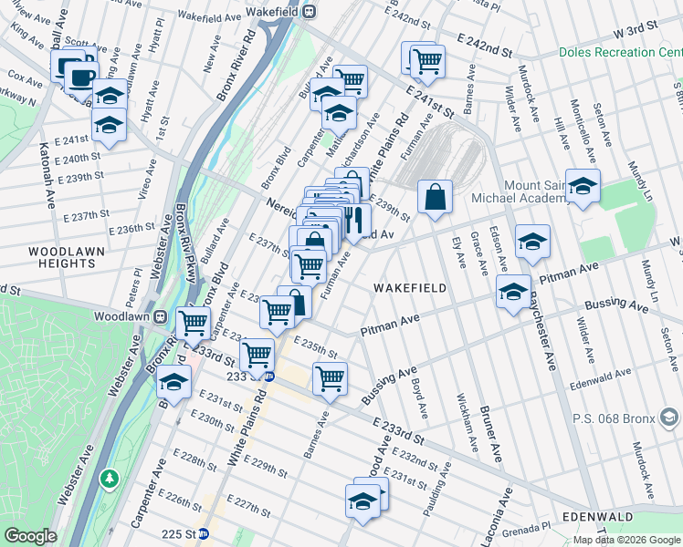 map of restaurants, bars, coffee shops, grocery stores, and more near in The Bronx