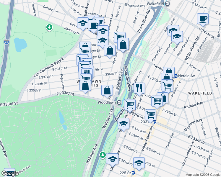 map of restaurants, bars, coffee shops, grocery stores, and more near 549 East 234th Street in Bronx