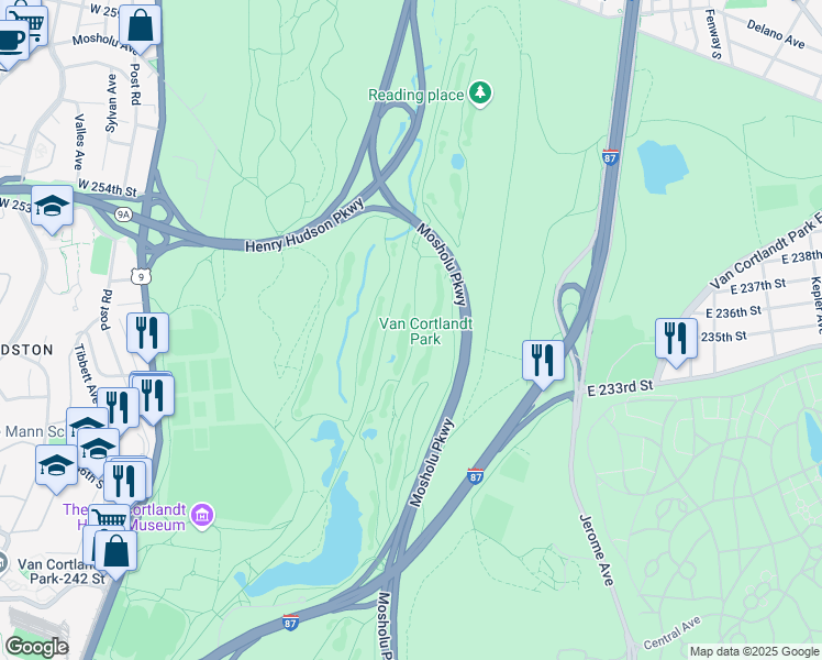 map of restaurants, bars, coffee shops, grocery stores, and more near Old Putnam Trail in Bronx