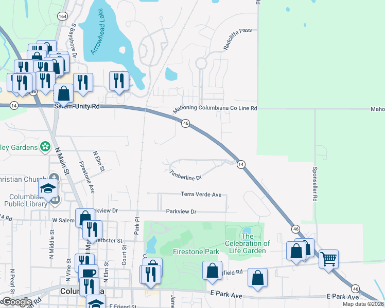 map of restaurants, bars, coffee shops, grocery stores, and more near 404 Timberline Drive in Columbiana