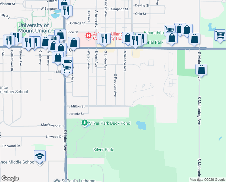 map of restaurants, bars, coffee shops, grocery stores, and more near 2423 South Freedom Avenue in Alliance