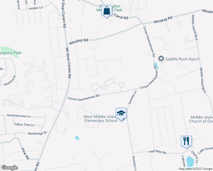 map of restaurants, bars, coffee shops, grocery stores, and more near 17 Coram Swezeytown Road in Middle Island
