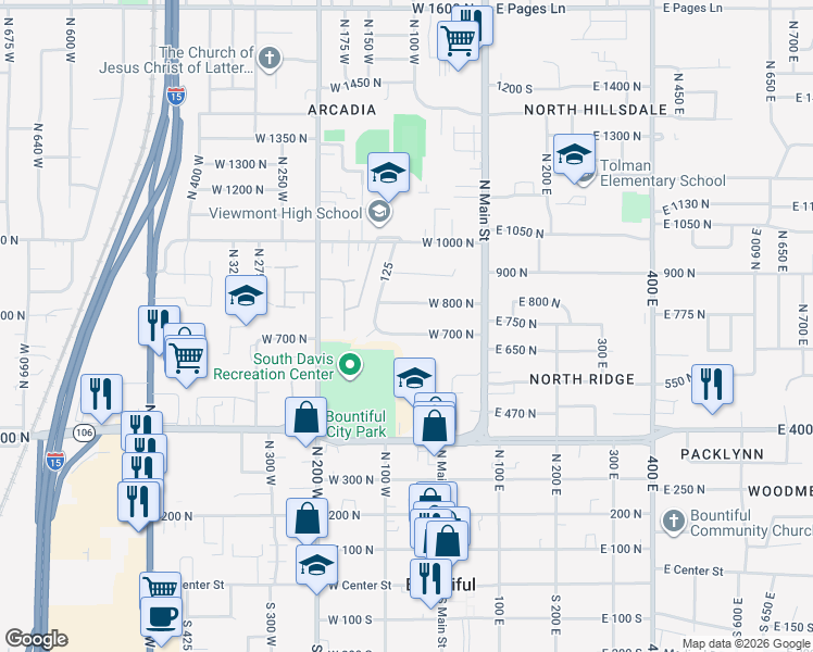 map of restaurants, bars, coffee shops, grocery stores, and more near 79 West 800 North in Bountiful