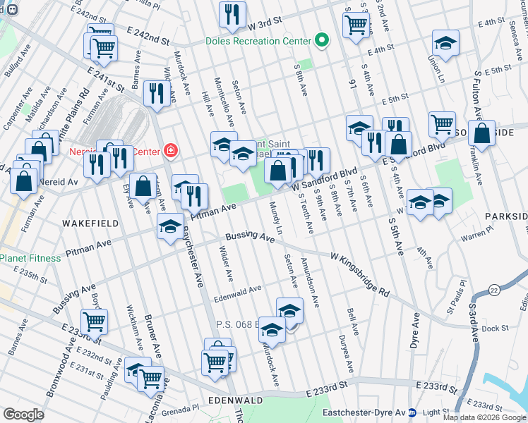 map of restaurants, bars, coffee shops, grocery stores, and more near 2124 Pitman Avenue in The Bronx