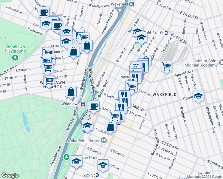 map of restaurants, bars, coffee shops, grocery stores, and more near 4335 Carpenter Avenue in The Bronx