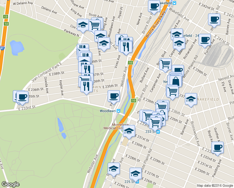 map of restaurants, bars, coffee shops, grocery stores, and more near 549 East 234th Street in Bronx