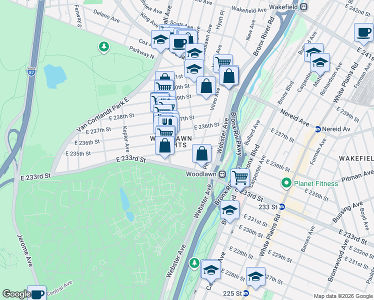 map of restaurants, bars, coffee shops, grocery stores, and more near 328 East 235th Street in Bronx