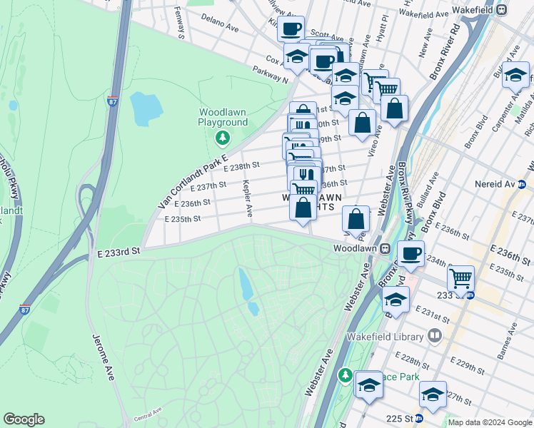 map of restaurants, bars, coffee shops, grocery stores, and more near 243 East 235th Street in Bronx