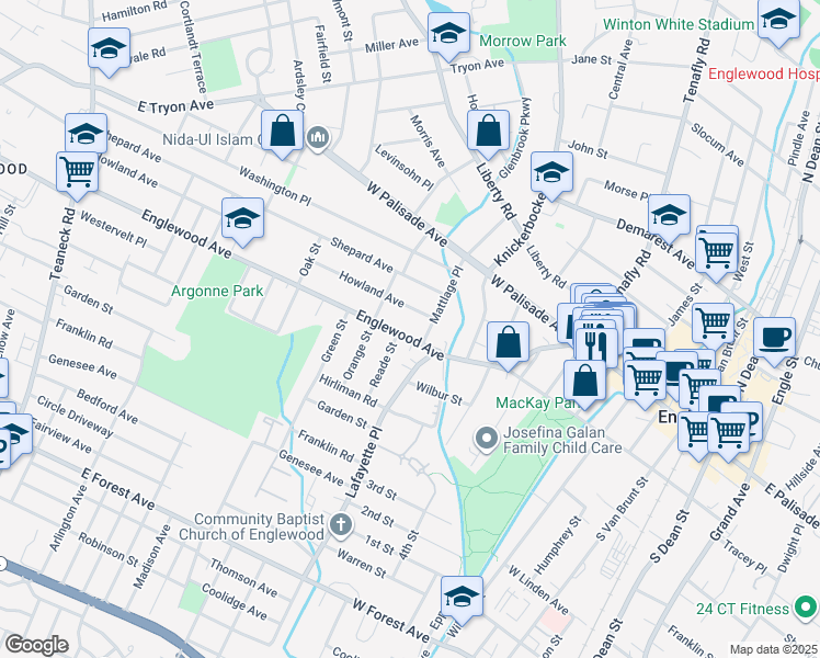 map of restaurants, bars, coffee shops, grocery stores, and more near 258 Howland Avenue in Englewood