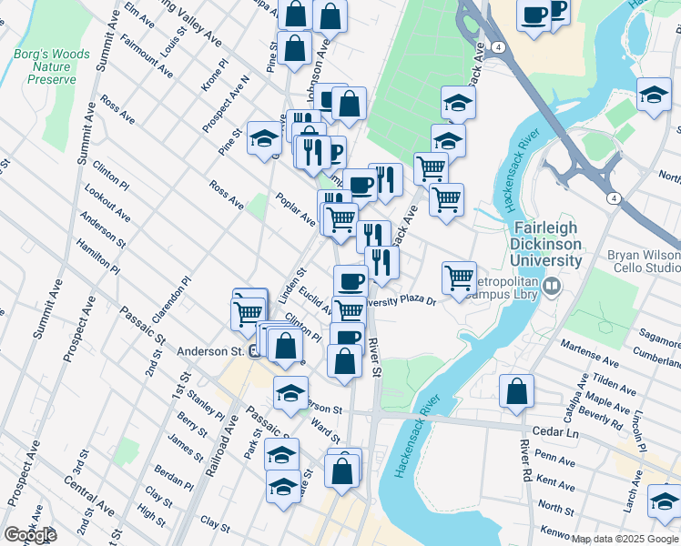 map of restaurants, bars, coffee shops, grocery stores, and more near 588 Main Street in Hackensack