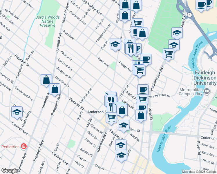 map of restaurants, bars, coffee shops, grocery stores, and more near 25 Grand Avenue in Hackensack