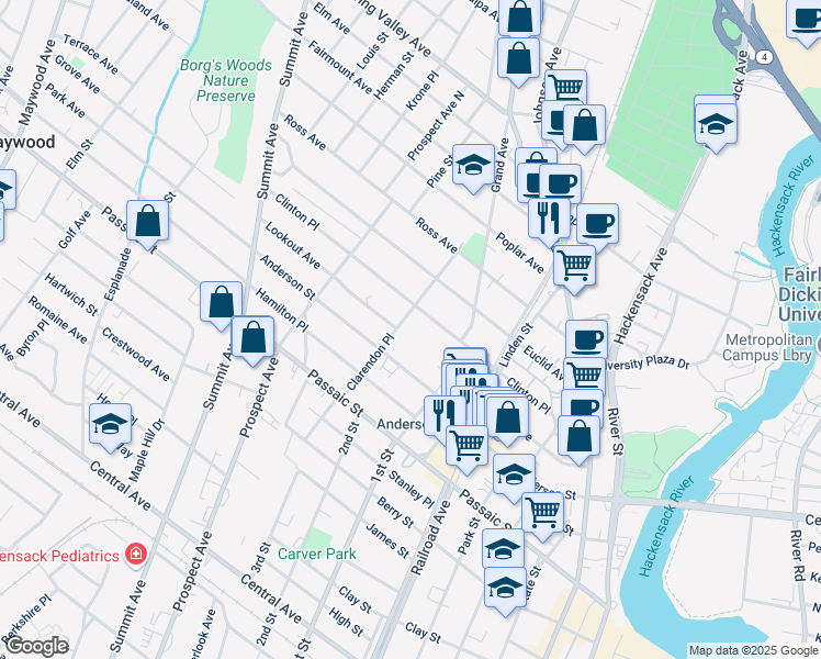map of restaurants, bars, coffee shops, grocery stores, and more near 100 Clarendon Place in Hackensack
