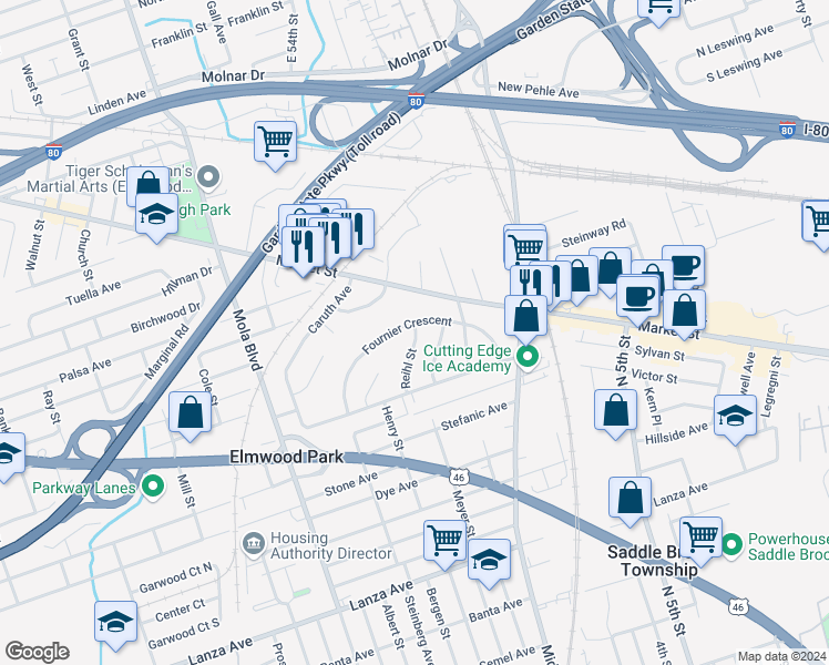 map of restaurants, bars, coffee shops, grocery stores, and more near 78 Fournier Crescent in Elmwood Park