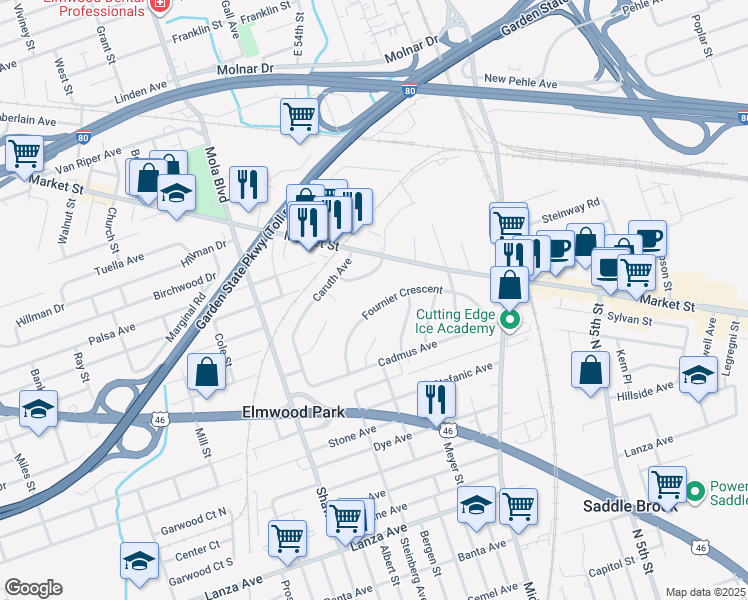 map of restaurants, bars, coffee shops, grocery stores, and more near 62 Fournier Crescent in Elmwood Park