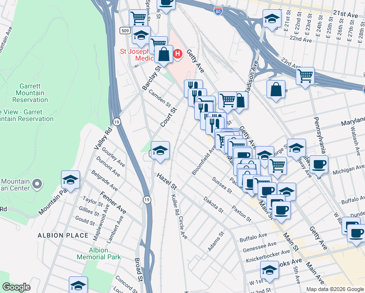 map of restaurants, bars, coffee shops, grocery stores, and more near 88 Newark Avenue in Paterson
