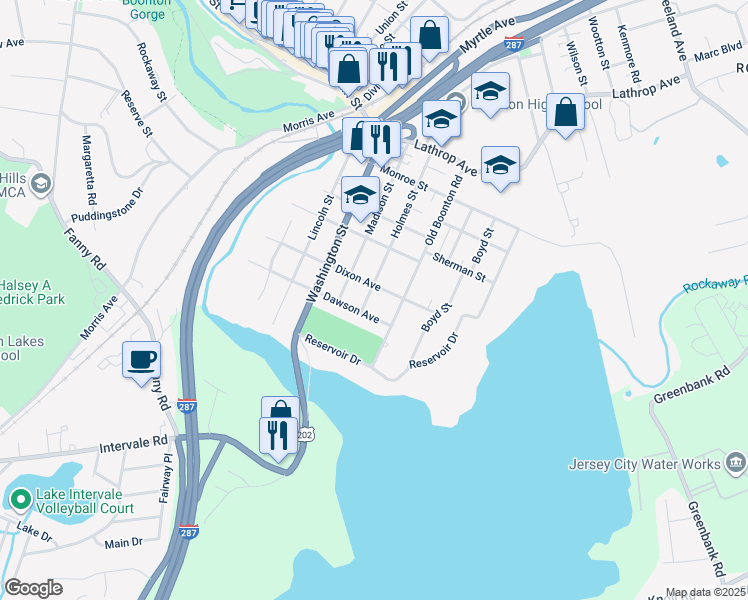 map of restaurants, bars, coffee shops, grocery stores, and more near 303 Dixon Avenue in Boonton