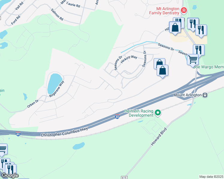 map of restaurants, bars, coffee shops, grocery stores, and more near 49 Woodland Way in Mount Arlington