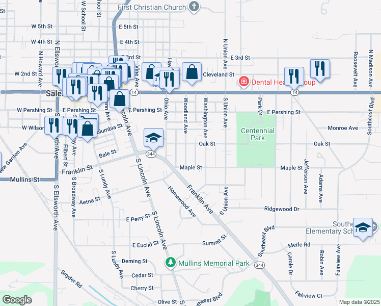 map of restaurants, bars, coffee shops, grocery stores, and more near 552 Woodland Avenue in Salem