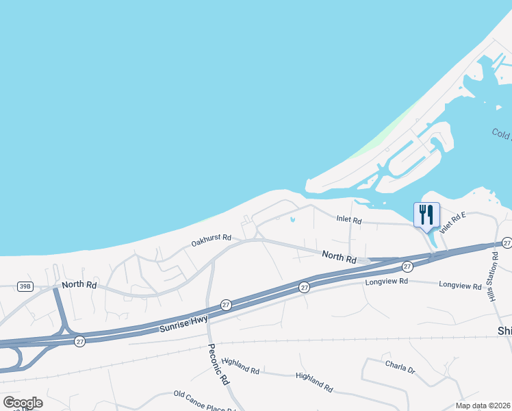 map of restaurants, bars, coffee shops, grocery stores, and more near 20 Peconic Crescent in Hampton Bays