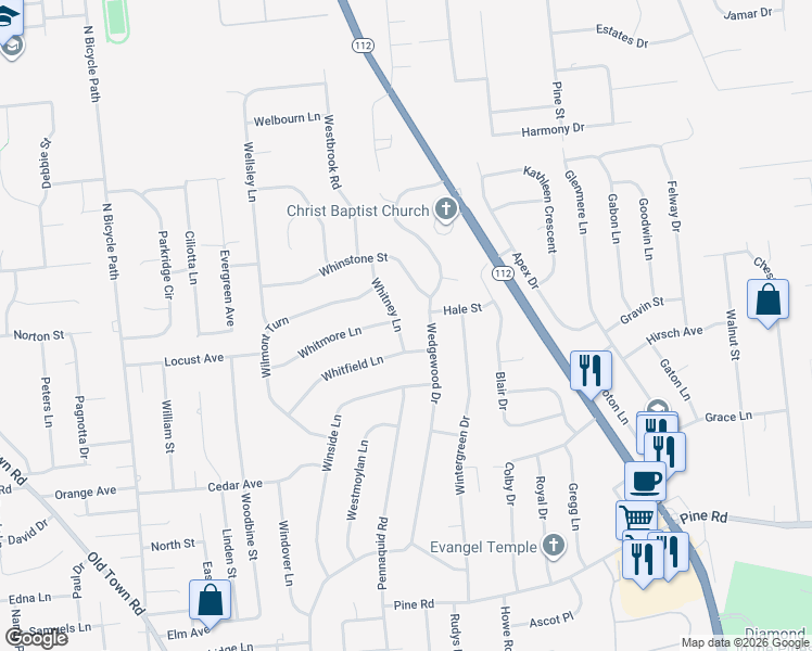 map of restaurants, bars, coffee shops, grocery stores, and more near 96 Wedgewood Drive in Coram
