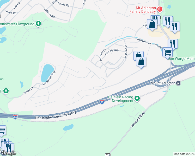 map of restaurants, bars, coffee shops, grocery stores, and more near 49 Woodland Way in Mount Arlington