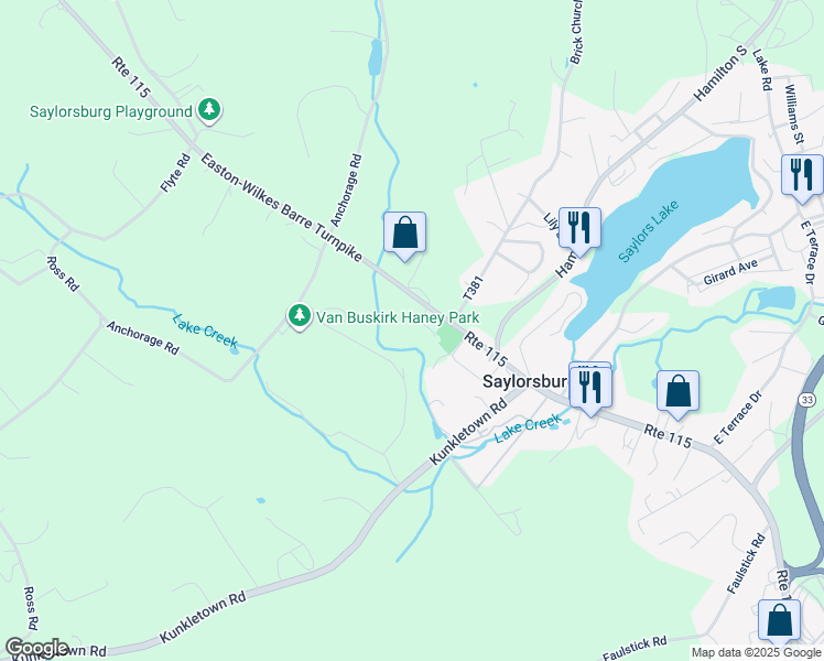 map of restaurants, bars, coffee shops, grocery stores, and more near 106 Henry Street in Saylorsburg
