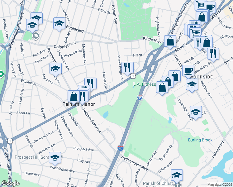 map of restaurants, bars, coffee shops, grocery stores, and more near 4784 Boston Post Road in Pelham Manor
