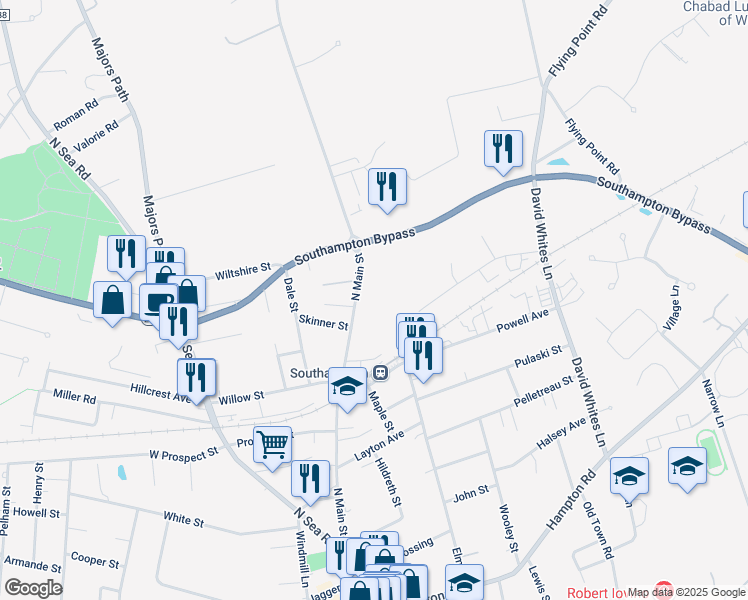map of restaurants, bars, coffee shops, grocery stores, and more near 320 North Main Street in Southampton