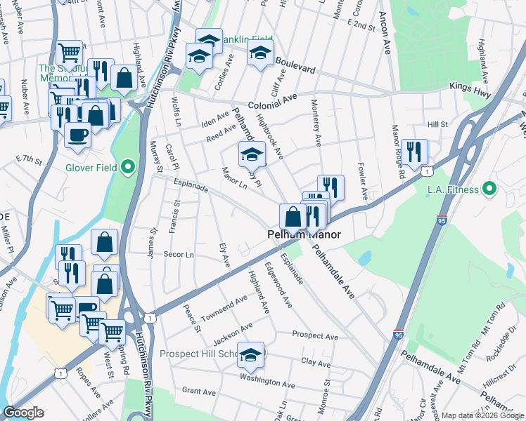 map of restaurants, bars, coffee shops, grocery stores, and more near 656 Esplanade in Pelham Manor