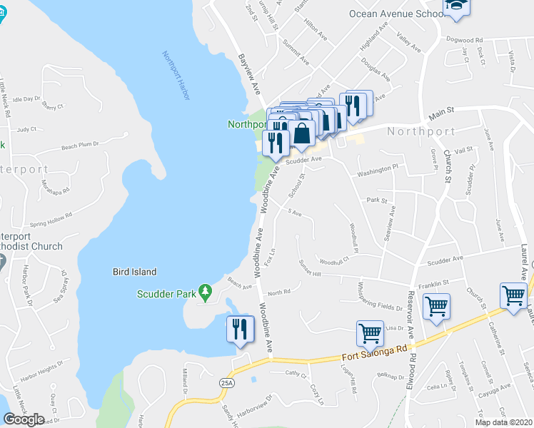 map of restaurants, bars, coffee shops, grocery stores, and more near 150 Woodbine Avenue in Northport