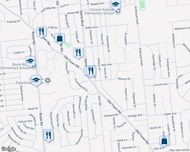 map of restaurants, bars, coffee shops, grocery stores, and more near 58 Superior Street in Port Jefferson Station