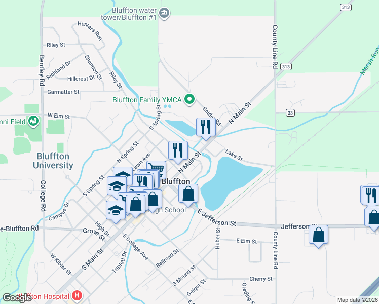 map of restaurants, bars, coffee shops, grocery stores, and more near 106 Riley St in Bluffton