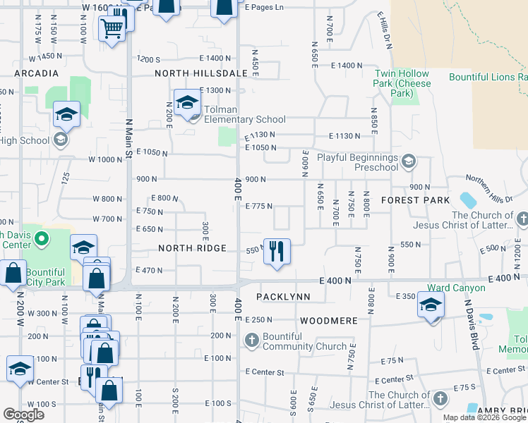 map of restaurants, bars, coffee shops, grocery stores, and more near 445 East 775 North in Bountiful