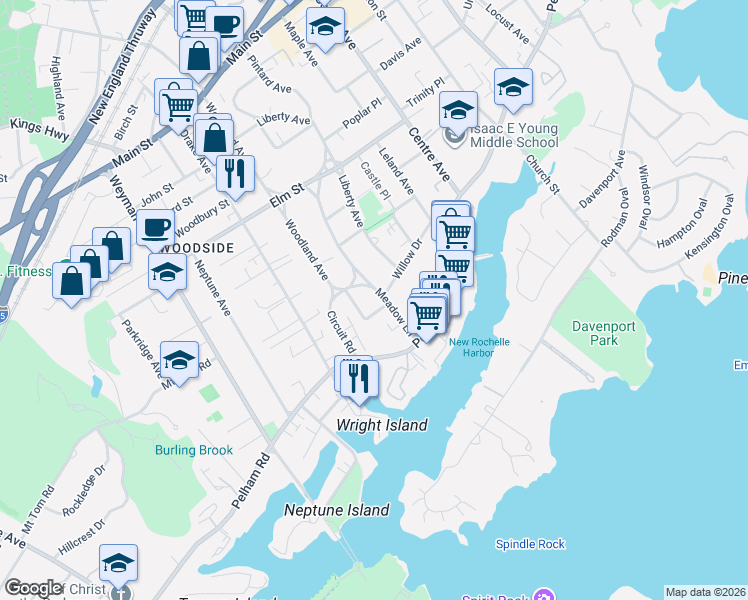 map of restaurants, bars, coffee shops, grocery stores, and more near 87 Circuit Road in New Rochelle
