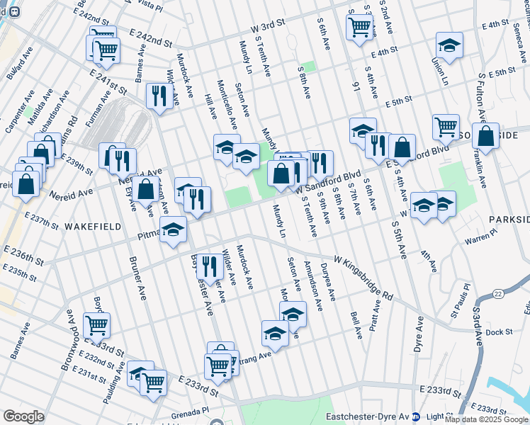 map of restaurants, bars, coffee shops, grocery stores, and more near 2124 Pitman Avenue in The Bronx