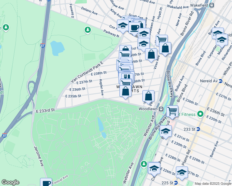 map of restaurants, bars, coffee shops, grocery stores, and more near 243 East 235th Street in Bronx