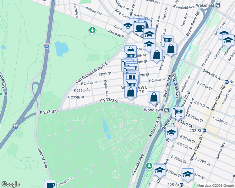 map of restaurants, bars, coffee shops, grocery stores, and more near 243 East 235th Street in Bronx