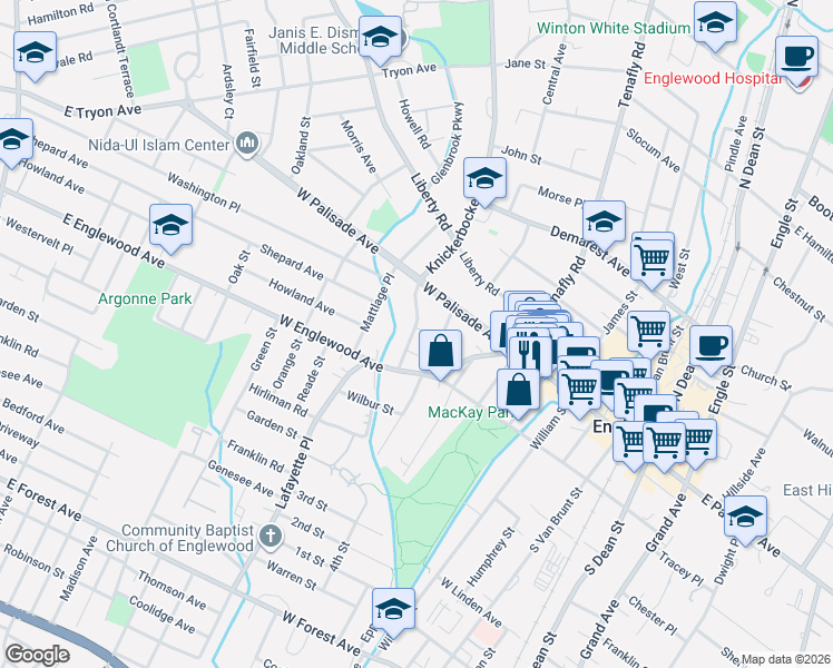 map of restaurants, bars, coffee shops, grocery stores, and more near 31 Brookway Avenue in Englewood