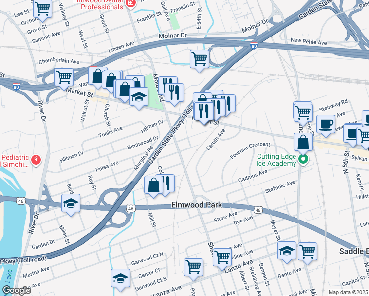 map of restaurants, bars, coffee shops, grocery stores, and more near 289 Fencsak Avenue in Elmwood Park