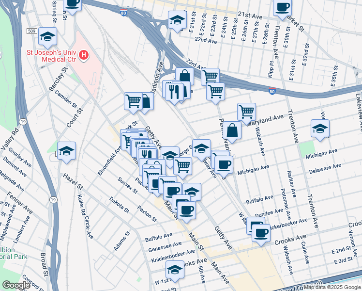 map of restaurants, bars, coffee shops, grocery stores, and more near 101 Thomas Street in Paterson
