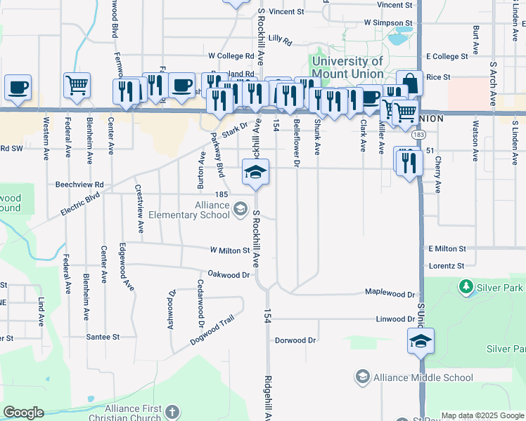 map of restaurants, bars, coffee shops, grocery stores, and more near 2430 South Rockhill Avenue in Alliance